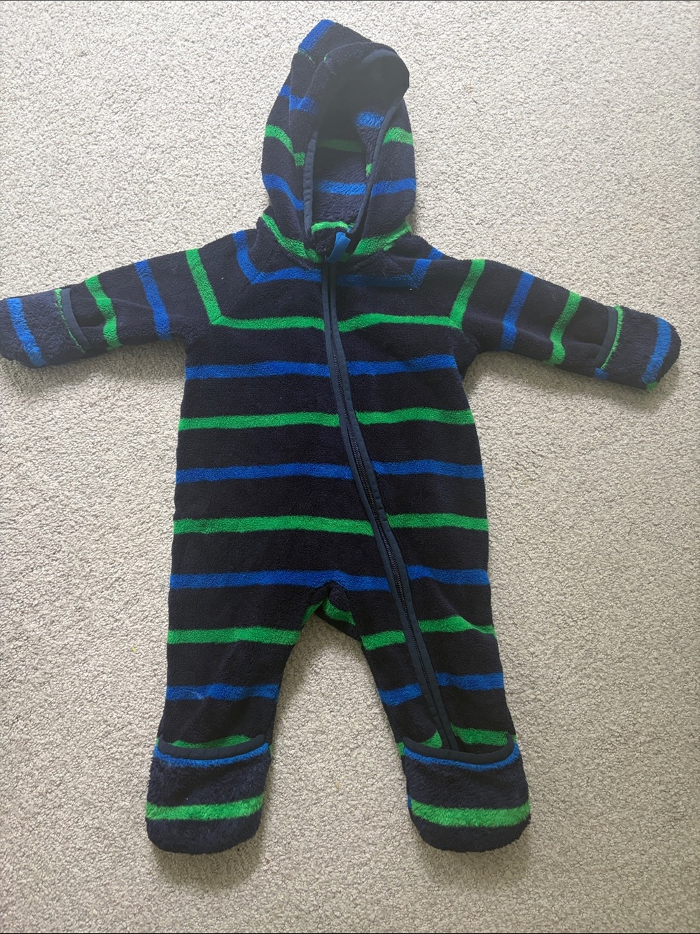 REI One-Piece Hooded Fleece with Blue & Green Stripes